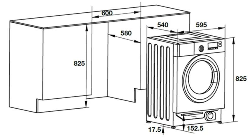 Kích thước của máy giặt 8kg Hafele HW-B60A 538.91.080