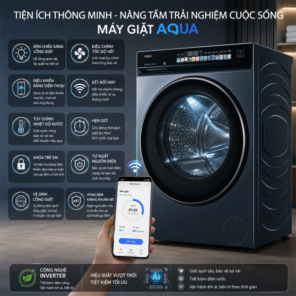 Máy giặt Aqua Inverter 12kg AW12-B4377U1L(GN) - Hàng chính hãng
