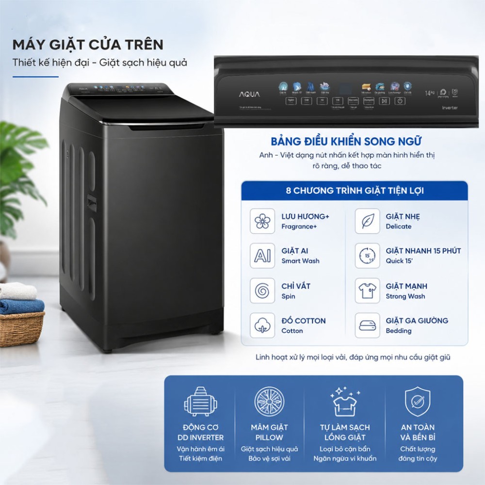Máy giặt Aqua Inverter 14 kg AWM14-B2158L(B) - Hàng chính hãng