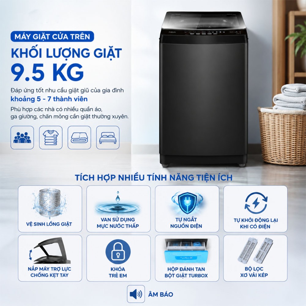Máy giặt Aqua Inverter 9.5 kg AWM95-B316L(B) - Hàng chính hãng