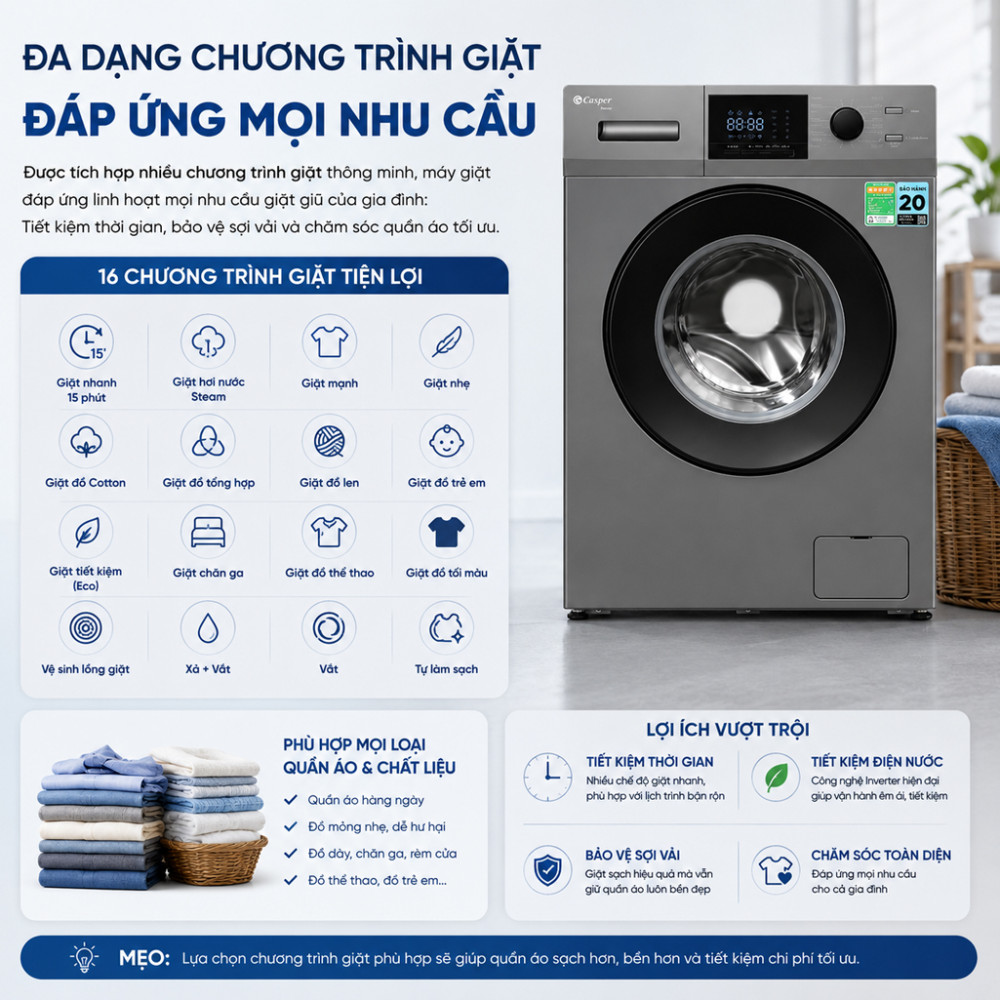 Máy giặt Casper Inverter 10.5 kg WF-105VG5 - Hàng chính hãng