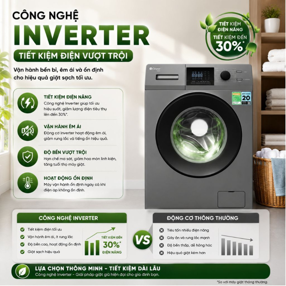 Máy giặt Casper Inverter 10.5 kg WF-105VG5 - Hàng chính hãng