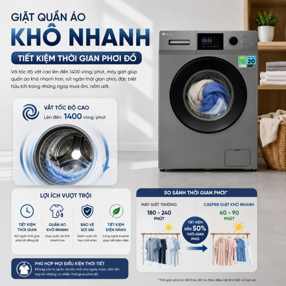 Máy giặt Casper Inverter 10.5 kg WF-105VG5 - Hàng chính hãng