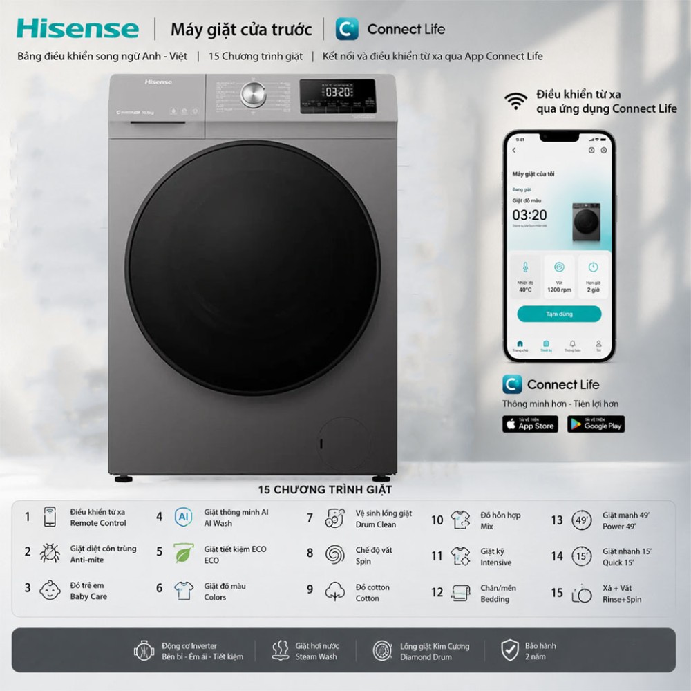 Máy giặt Hisense Inverter 10.5kg WFQA1043BT - Hàng chính hãng