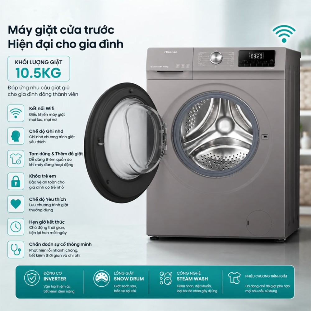 Máy giặt Hisense Inverter 10.5kg WFQA1043BT - Hàng chính hãng