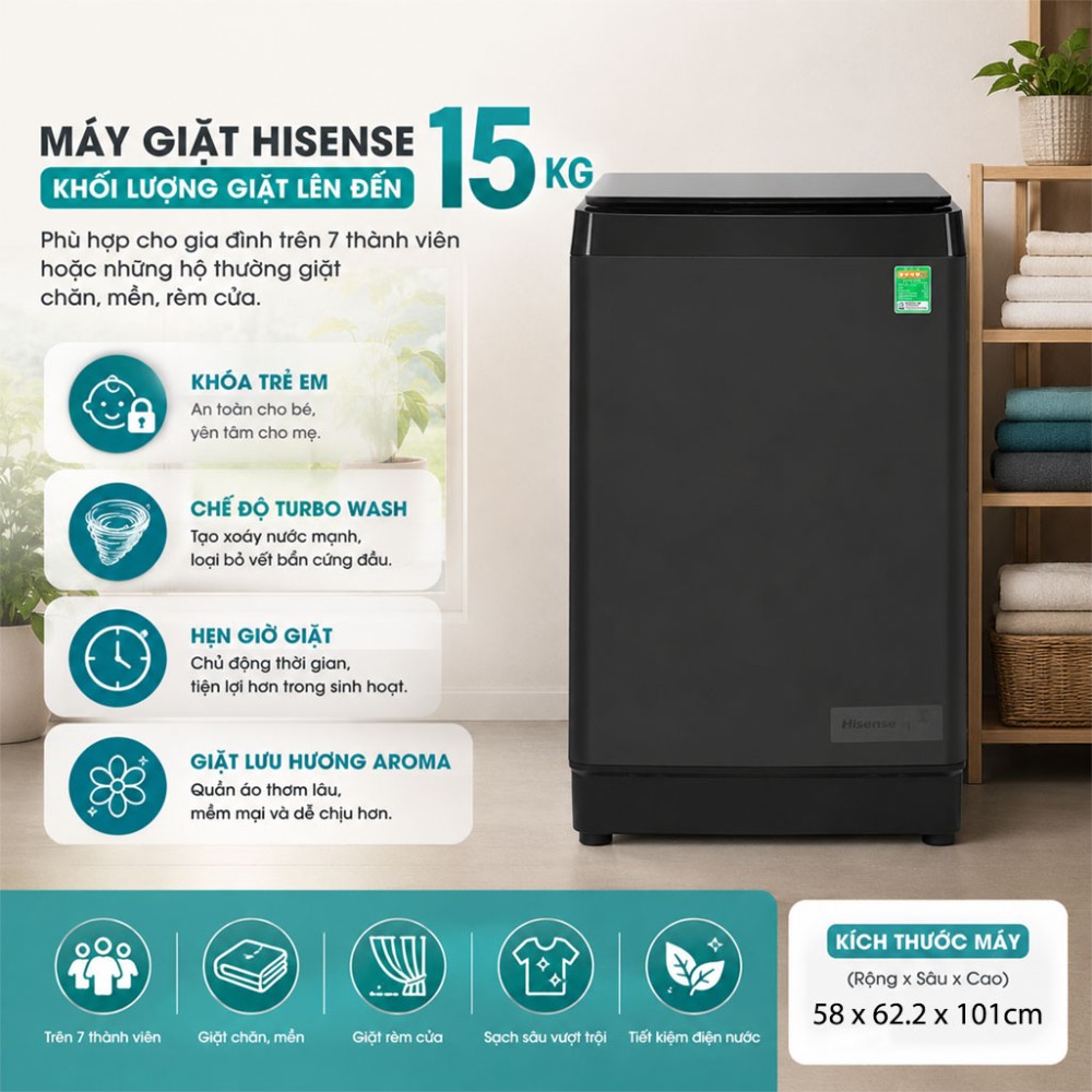 Máy giặt Hisense Inverter 15 kg WT150F50 - Hàng chính hãng