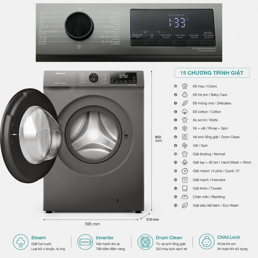 Máy giặt Hisense Inverter 8.5 kg WFQP8523BT - Hàng chính hãng