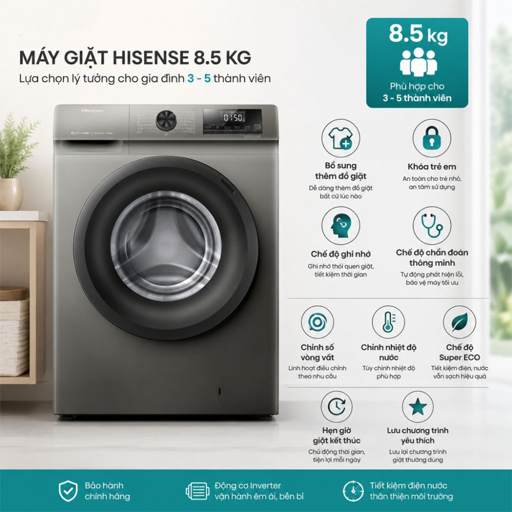 Máy giặt Hisense Inverter 8.5 kg WFQP8523BT - Hàng chính hãng
