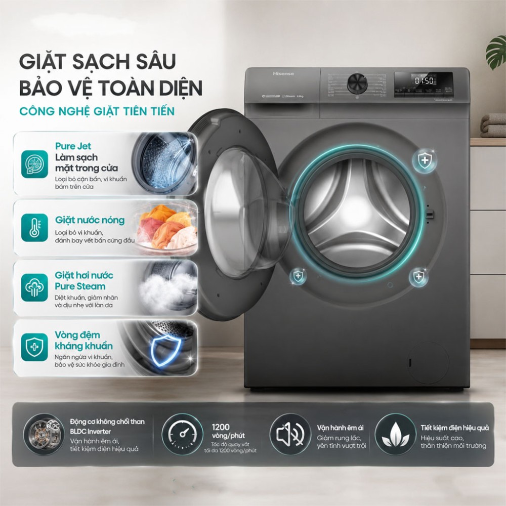 Máy giặt Hisense Inverter 8.5 kg WFQP8523BT - Hàng chính hãng