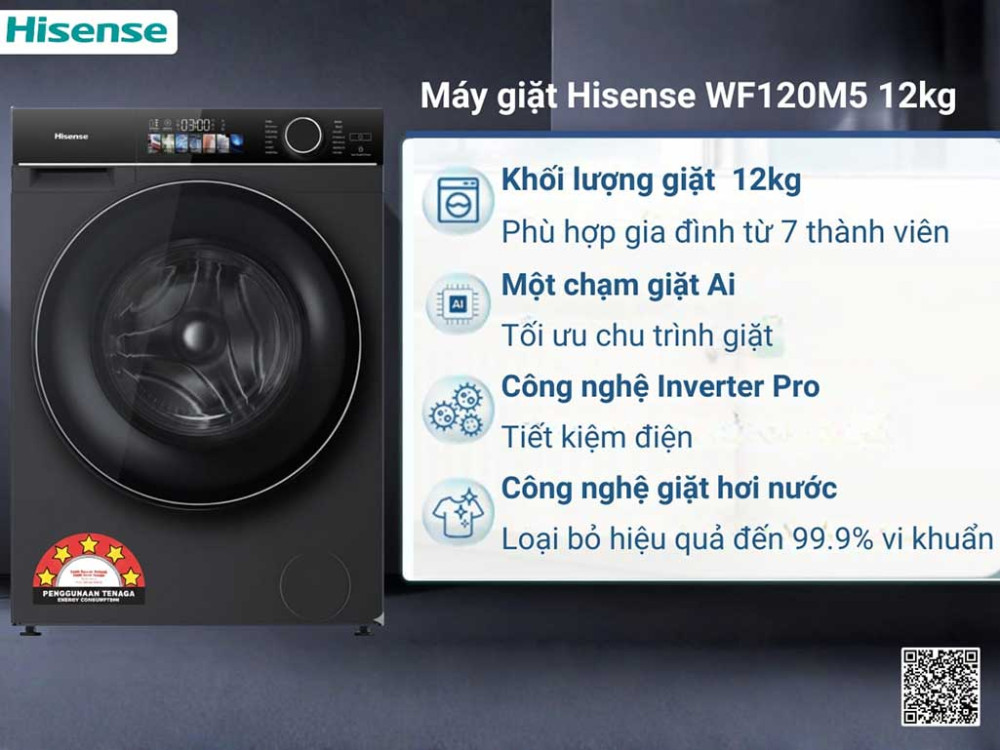 Máy giặt cửa trước Hisense inverter 12kg WF120M5 - Hàng chính hãng