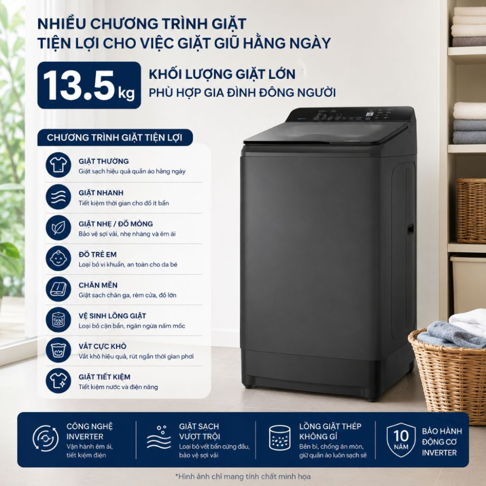 Máy giặt Hitachi Inverter 13.5kg LTL H3MVW0T GG - Hàng chính hãng