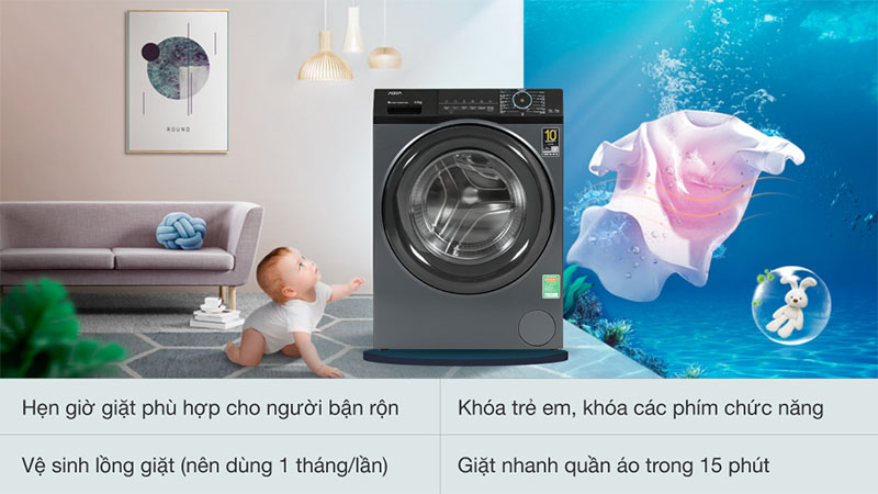 Tiện ích của Máy giặt Inverter 8.5 kg Aqua AQD-A852J.BK