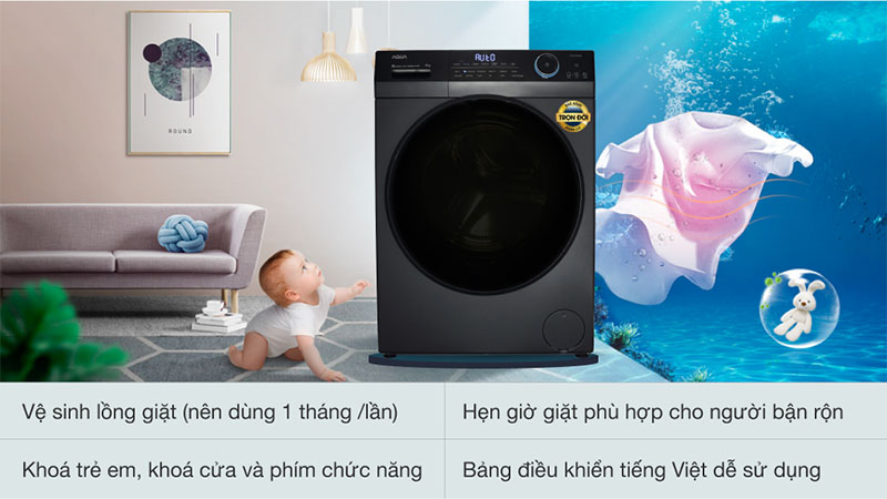 Tiện ích của Máy giặt Inverter 9 kg Aqua AQD-D902G.BK