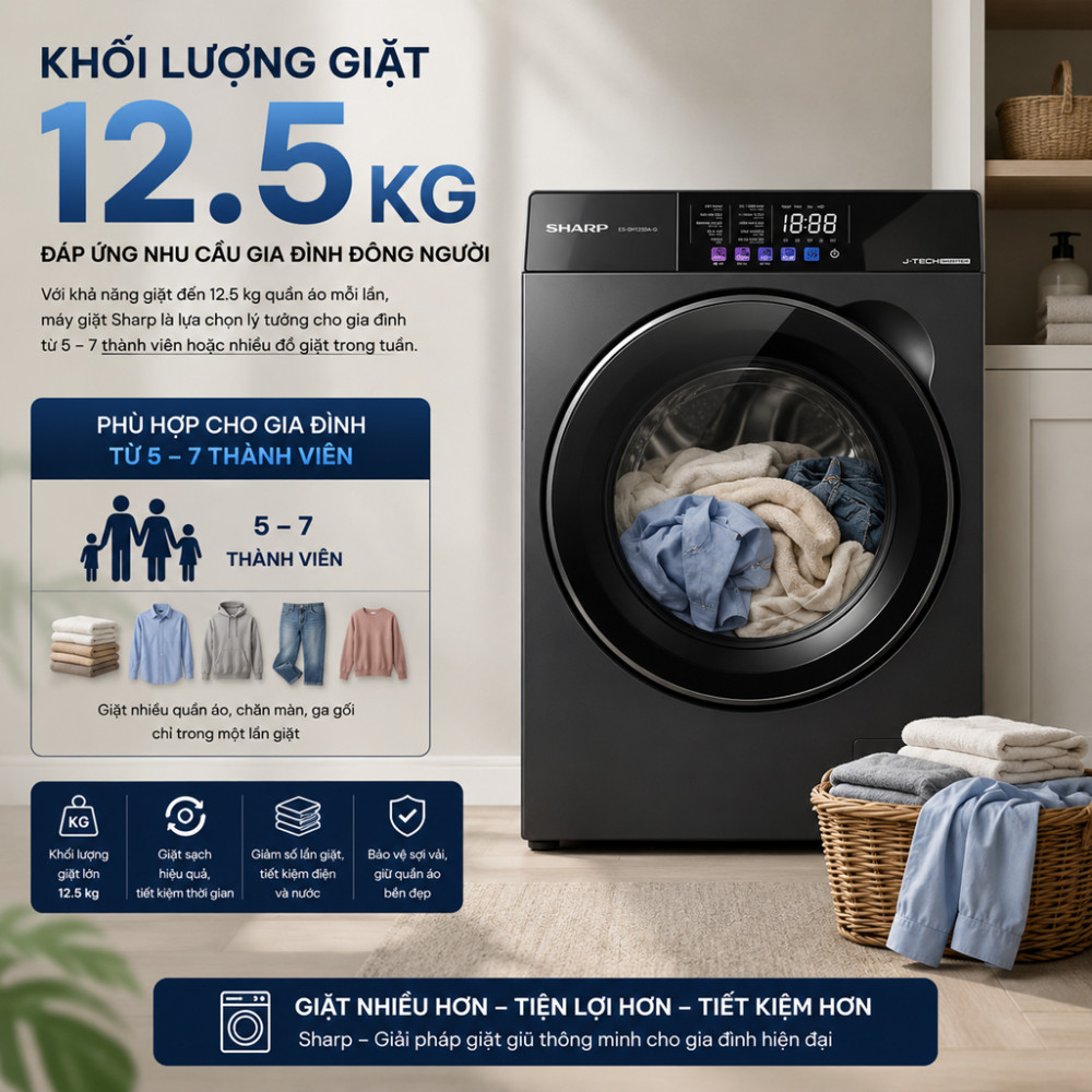 Máy giặt Sharp Inverter 12.5 kg ES-FKC125ED-DG - Hàng chính hãng