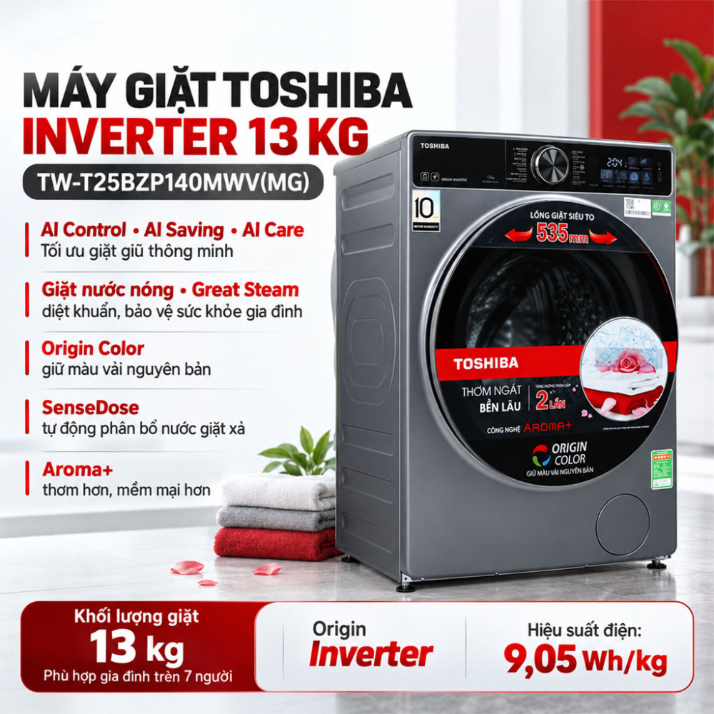 Máy giặt Toshiba Inverter 13 kg TW-T25BZP140MWV(MG) - Hàng chính hãng