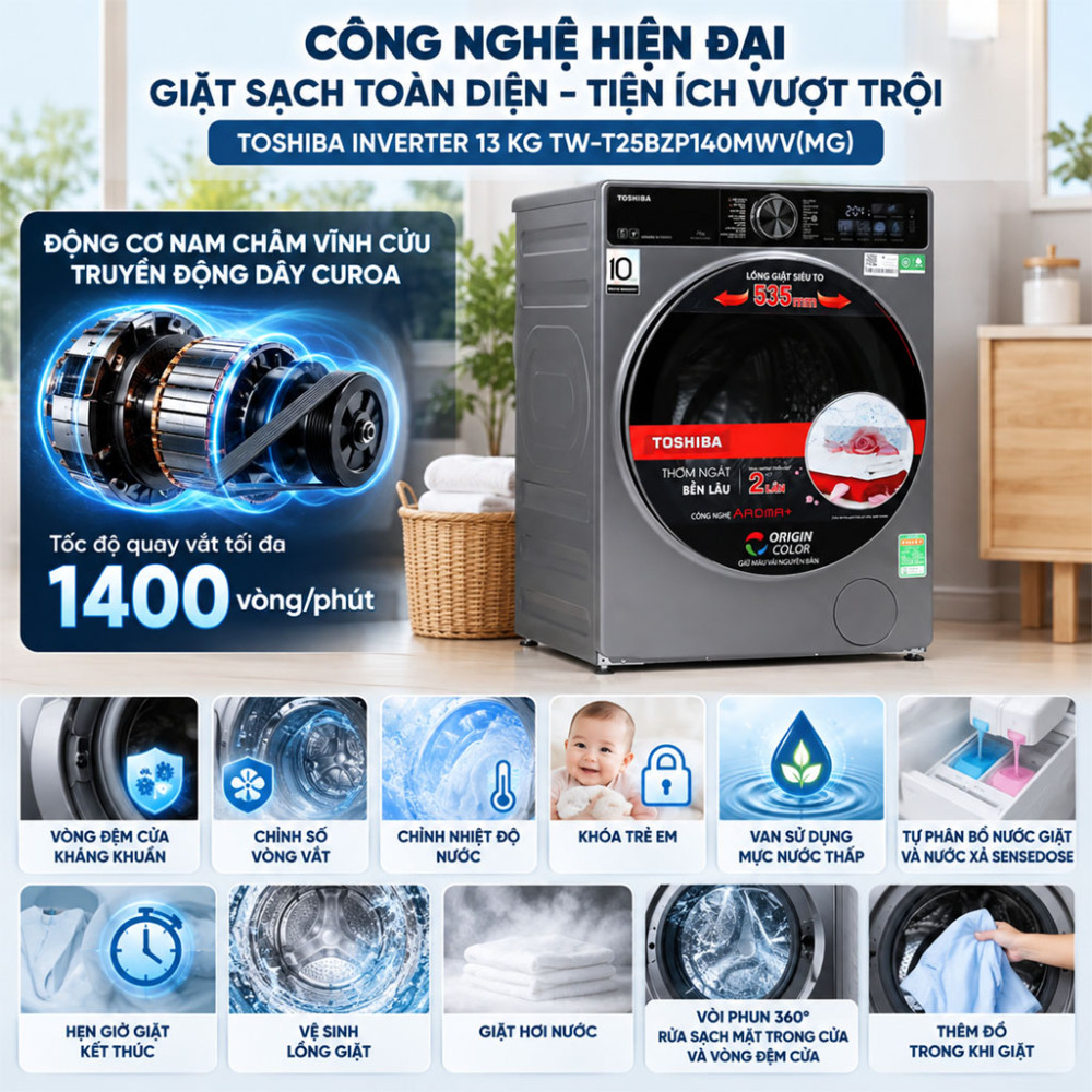 Máy giặt Toshiba Inverter 13 kg TW-T25BZP140MWV(MG) - Hàng chính hãng