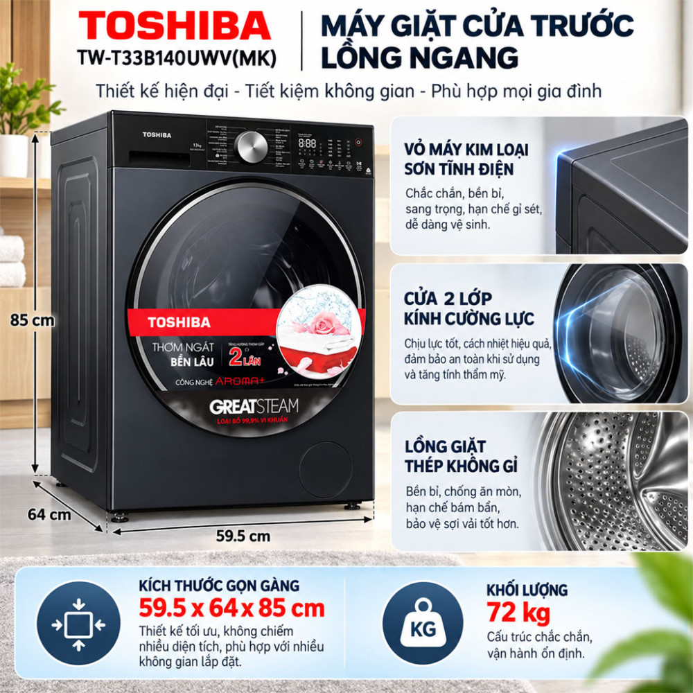 Máy giặt Toshiba Inverter 13 kg TW-T33B140UWV(MK) - Hàng chính hãng