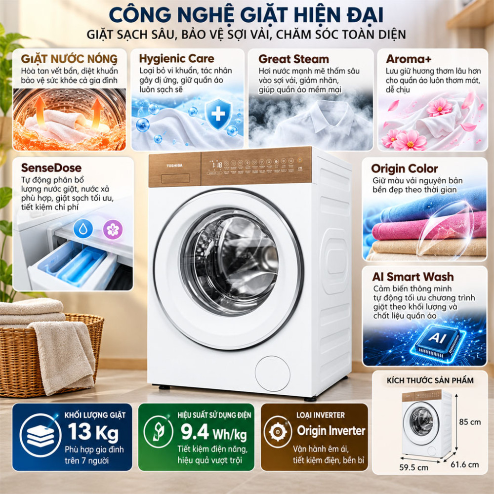 Máy giặt Toshiba Inverter 13 kg TW-T37BZP140MWV(WT) - Hàng chính hãng