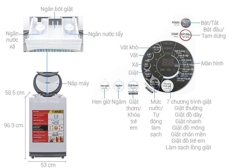 Chi tiết của máy giặt cửa trên Sharp ES-U80GV-H