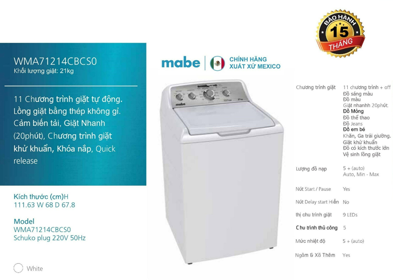 Thông số kỹ thuật của máy giặt quần áo Mabe WMA71214CBCS0