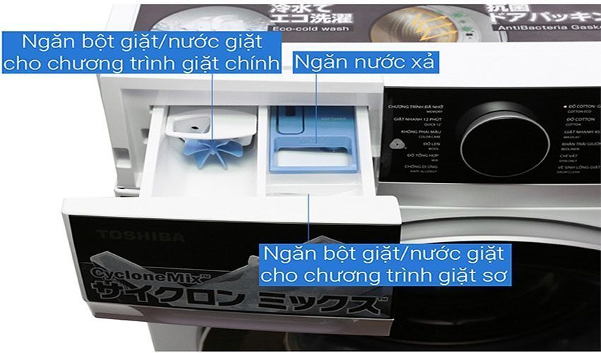 Các khay đựng chất tẩy giặt của máy giặt cửa trước Inverter Toshiba TW-BH95M4