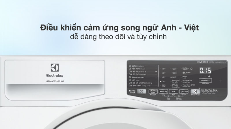 Bảng điều khiển cảm ứng song ngữ Anh - Việt cho bạn dễ dàng lựa chọn chương trình giặt