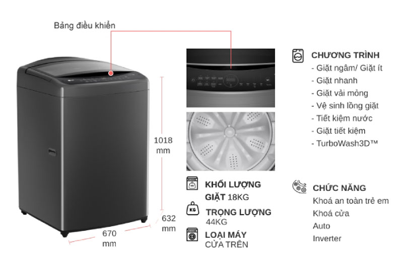 Kích thước của máy giặt LG Inverter 14kg T2514VBTB 