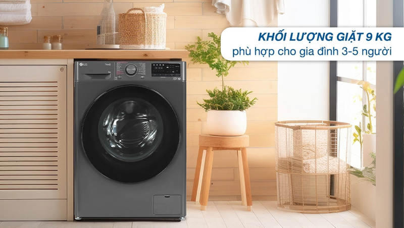 Khối lượng giặt 9kg phù hợp sử dụng cho gia đình 3-5 người.