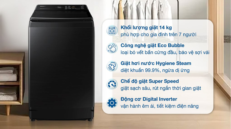 Một vài tính năng nổi bật của máy giặt Samsung Inverter WA14CG5886BDSV 