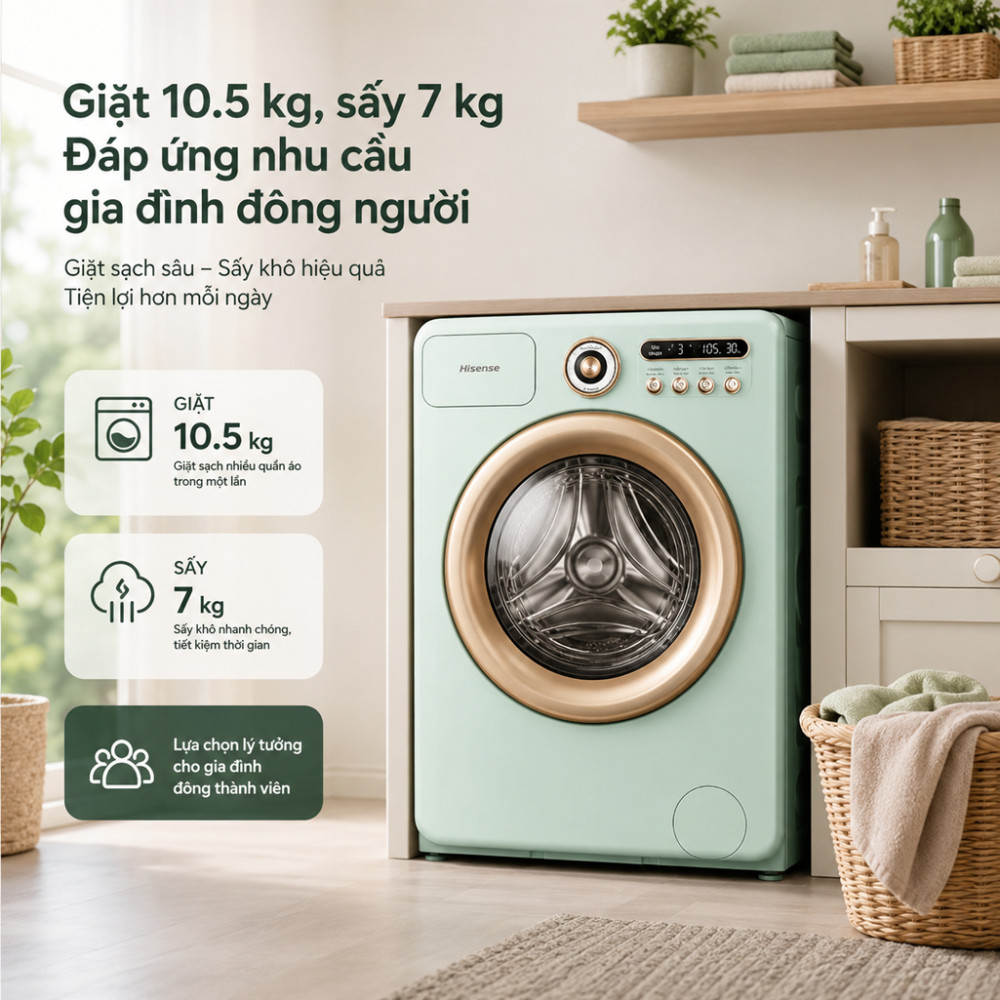 Máy giặt sấy Hisense Inverter giặt 10.5kg - sấy 7kg WD105R5 - Hàng chính hãng