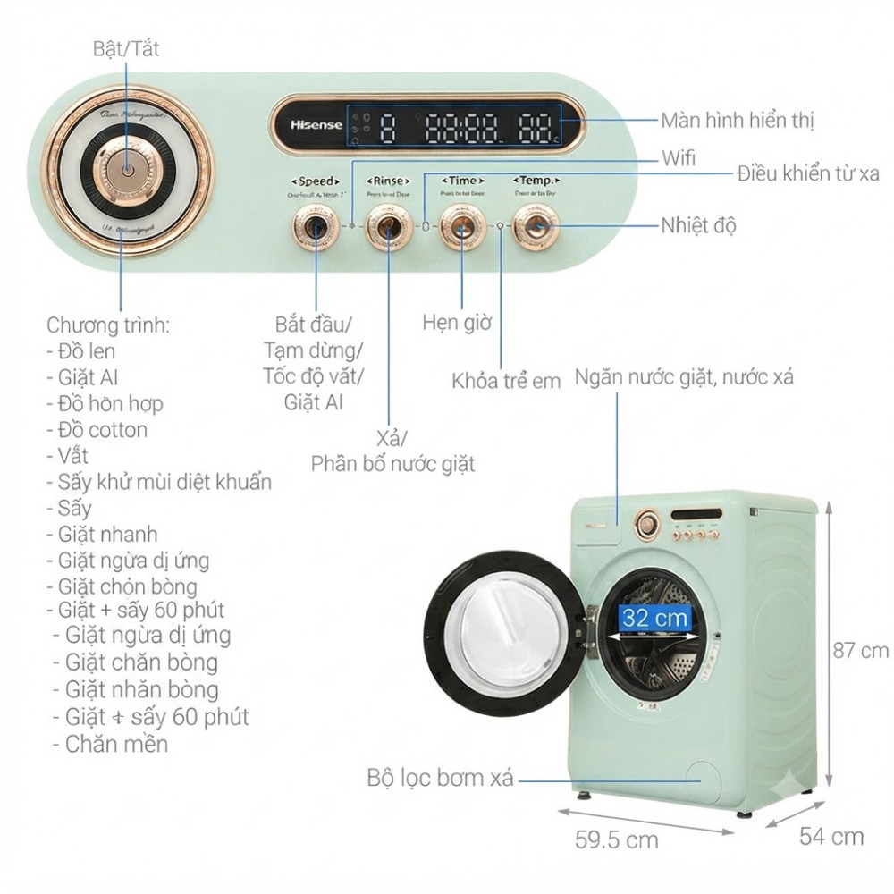 Máy giặt sấy Hisense Inverter giặt 10.5kg - sấy 7kg WD105R5 - Hàng chính hãng