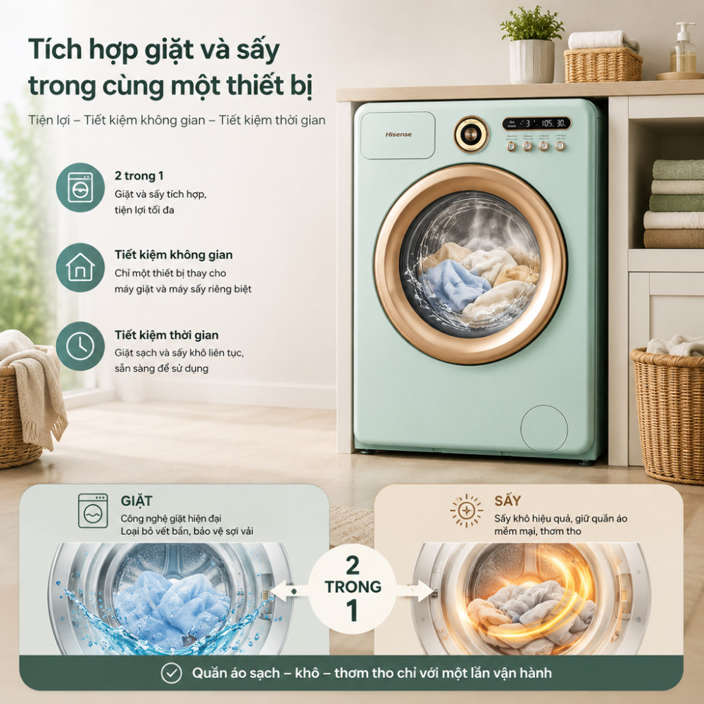 Máy giặt sấy Hisense Inverter giặt 10.5kg - sấy 7kg WD105R5 - Hàng chính hãng