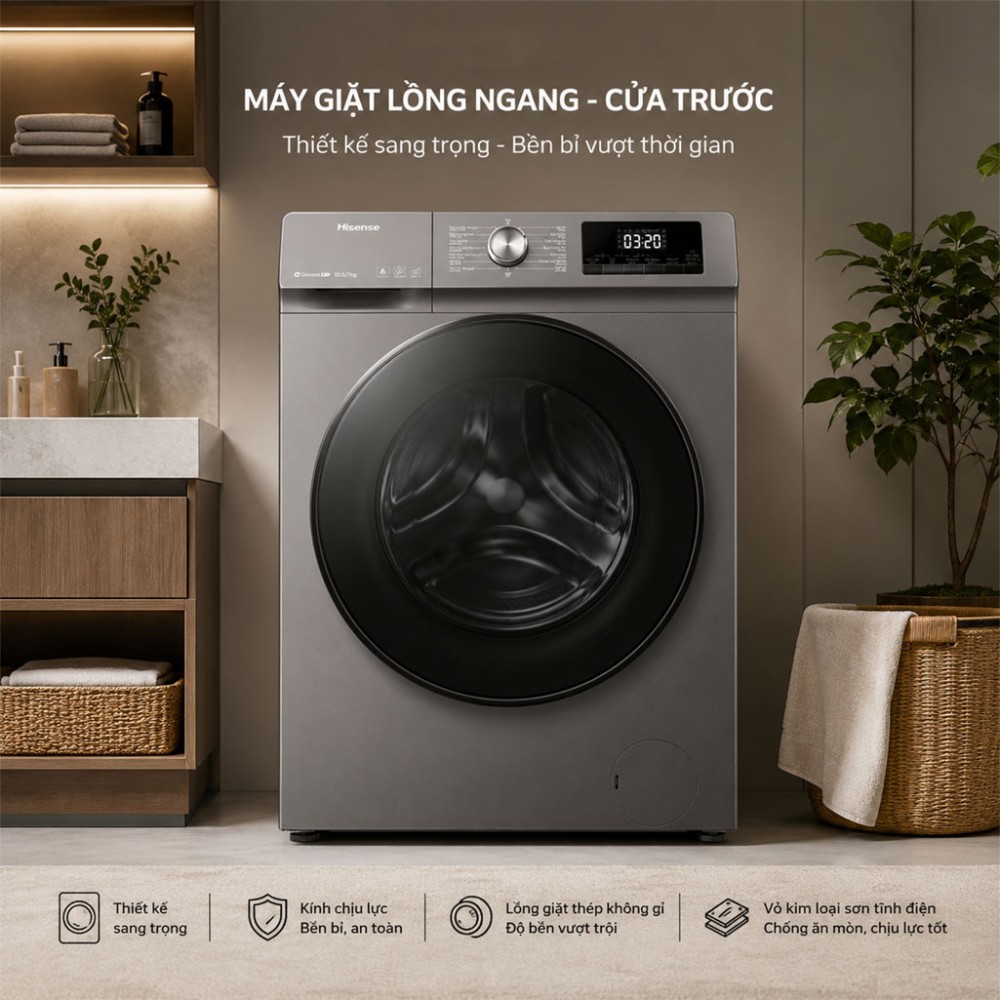 Máy giặt sấy Hisense Inverter giặt 10.5 kg - sấy 7 kg WDQA1043BT - Hàng chính hãng