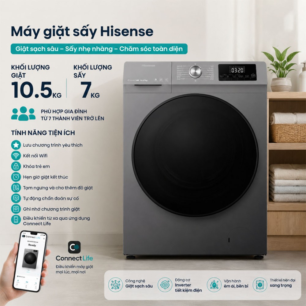 Máy giặt sấy Hisense Inverter giặt 10.5 kg - sấy 7 kg WDQA1043BT - Hàng chính hãng