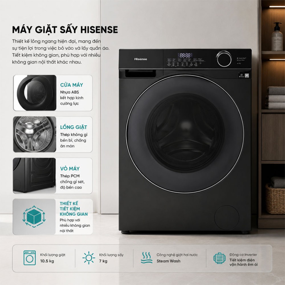 Máy giặt sấy Hisense Inverter giặt 10.5 kg - sấy 7 kg WD105M3 - Hàng chính hãng