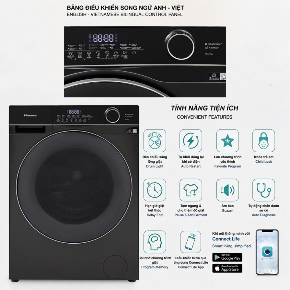 Máy giặt sấy Hisense Inverter giặt 10.5 kg - sấy 7 kg WD105M3 - Hàng chính hãng