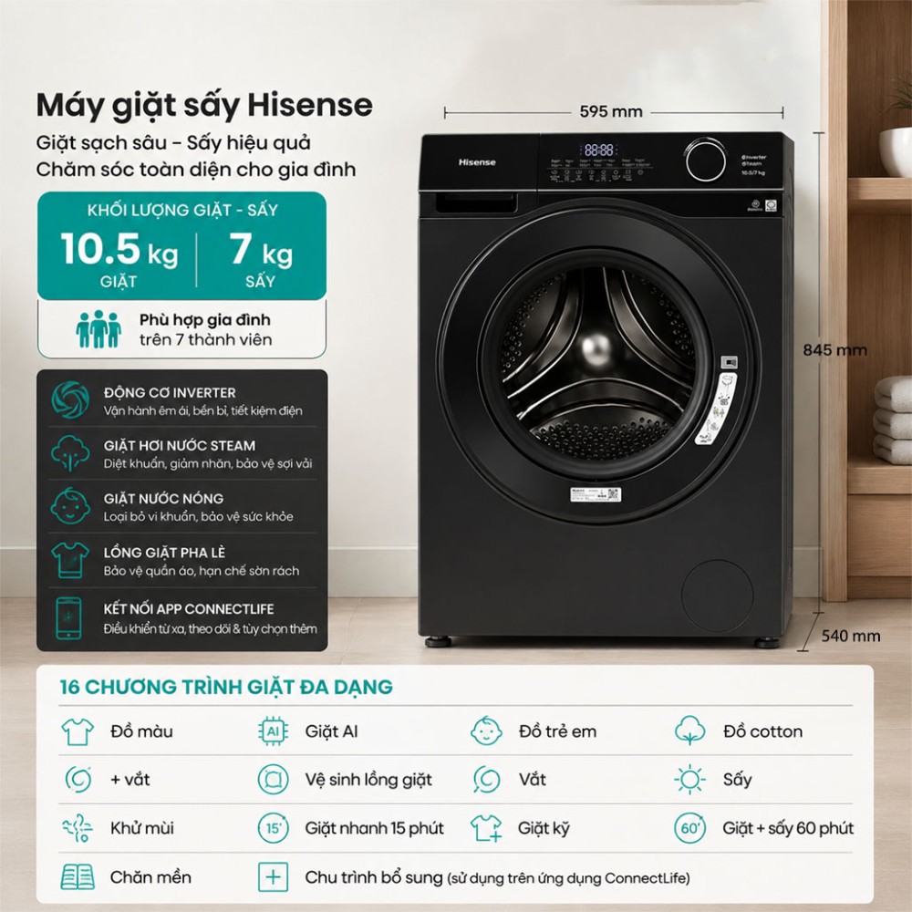 Máy giặt sấy Hisense Inverter giặt 10.5 kg - sấy 7 kg WD105M3 - Hàng chính hãng