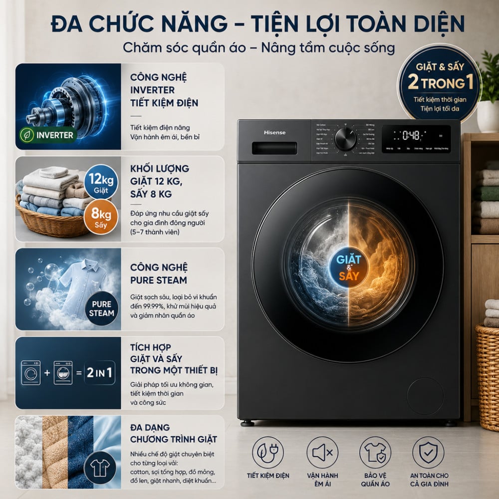 Máy giặt sấy Hisense Inverter 12/8 kg WD120I142VKL - Hàng chính hãng