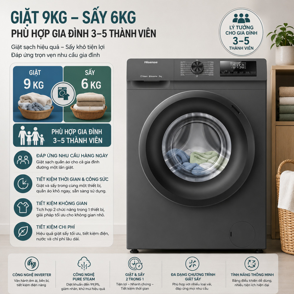 Máy giặt sấy Hisense Inverter giặt 9 kg - sấy 6 kg WD90N1Y - Hàng chính hãng