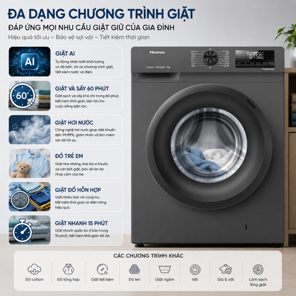 Máy giặt sấy Hisense Inverter giặt 9 kg - sấy 6 kg WD90N1Y - Hàng chính hãng