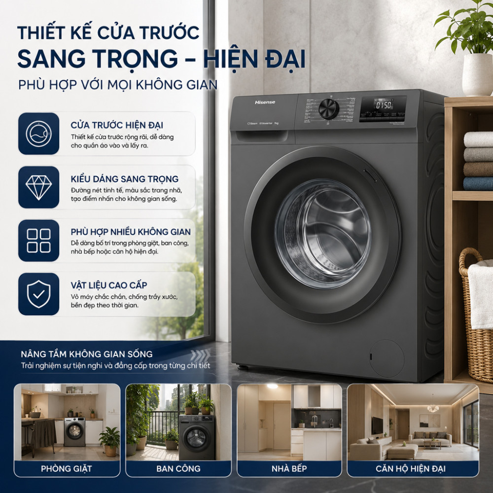Máy giặt sấy Hisense Inverter giặt 9 kg - sấy 6 kg WD90N1Y - Hàng chính hãng