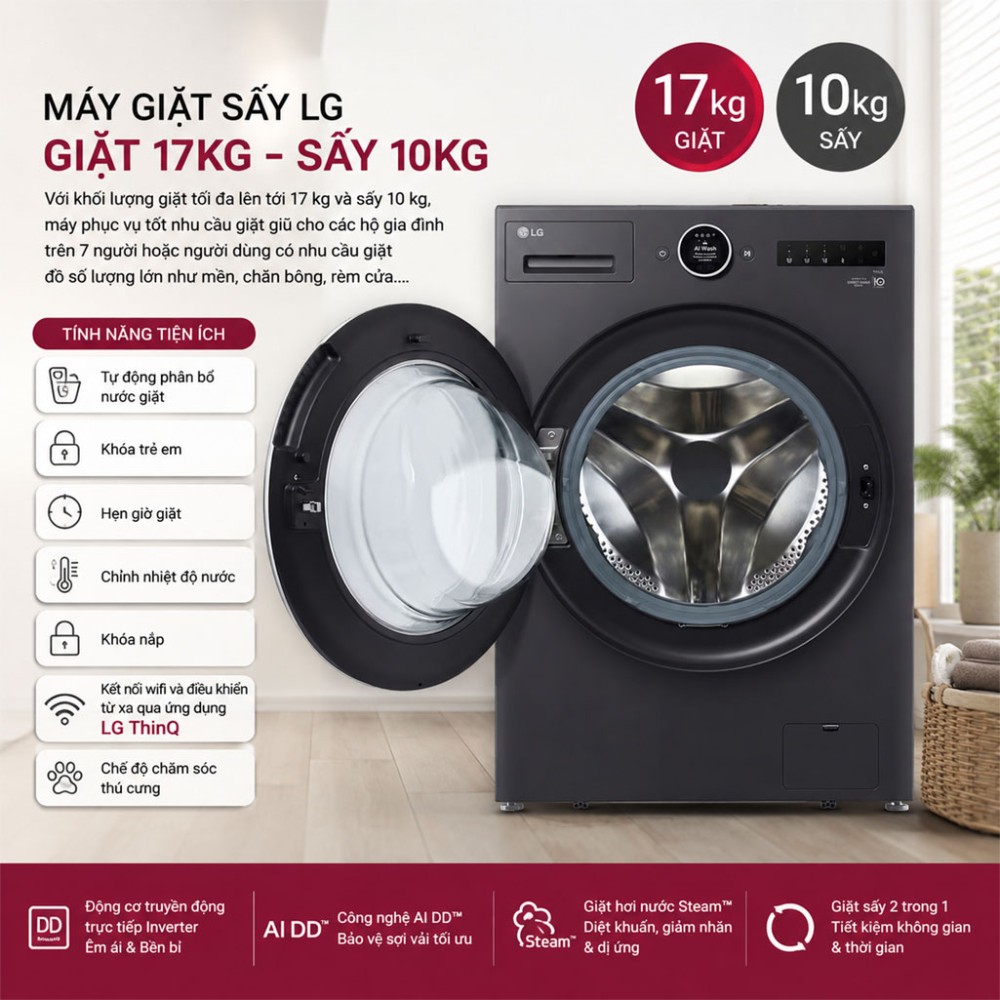 Máy giặt sấy LG Inverter giặt 17 kg - sấy 10 kg F2517RNTG - Hàng chính hãng