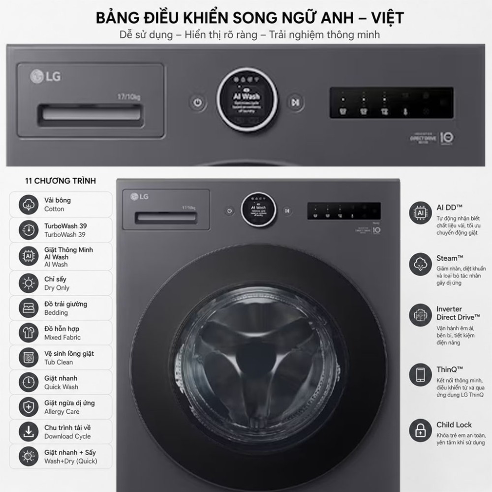 Máy giặt sấy LG Inverter giặt 17 kg - sấy 10 kg F2517RNTG - Hàng chính hãng