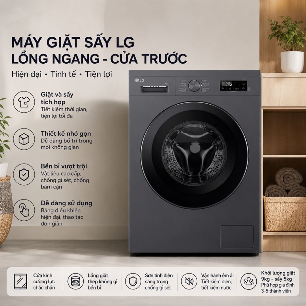 Máy giặt sấy LG Inverter giặt 9 kg - sấy 5 kg FB1209D5M - Hàng chính hãng