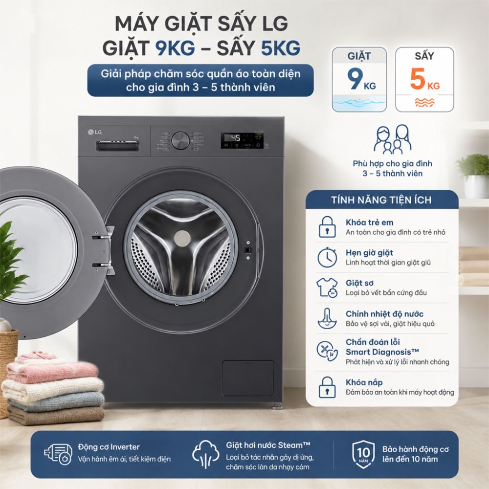 Máy giặt sấy LG Inverter giặt 9 kg - sấy 5 kg FB1209D5M - Hàng chính hãng