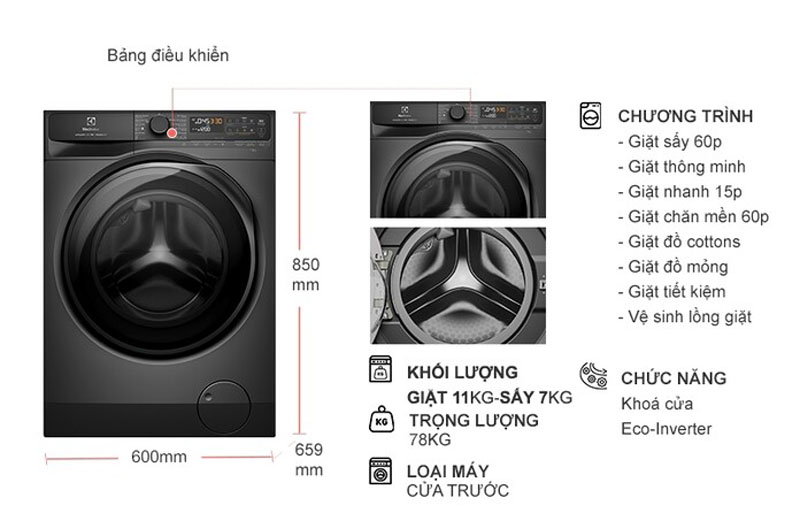 Khối lượng giặt 11kg, sấy 7kg, thích hợp cho gia đình đông người