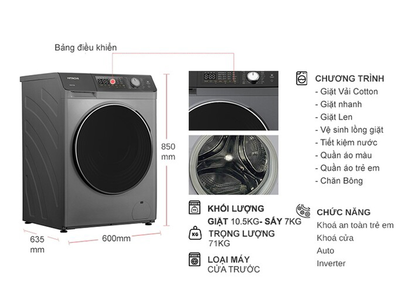 Máy giặt sấy Hitachi Inverter BD-D1054HVOS - Hàng chính hãng
