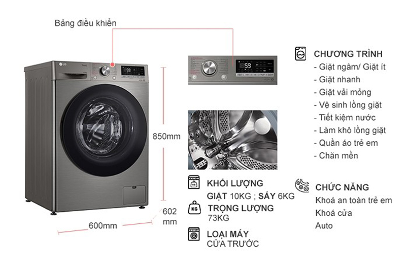 Kích thước của máy giặt sấy LG Inverter FV1410D4P 