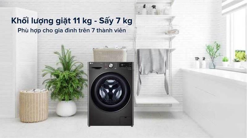 Khối lượng giặt 11kg, sấy 7kg, thích hợp cho gia đình đông người