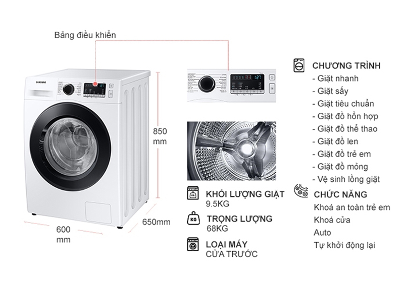 Kích thước của máy giặt sấy Samsung Inverter WD95T4046CE